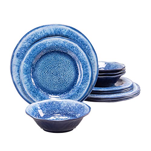 Topmela 12-teiliges blaues Melamin-Geschirr-Set, bruchsicher und spülmaschinenfest, ideal für den Innen- und Außenbereich von Topmela