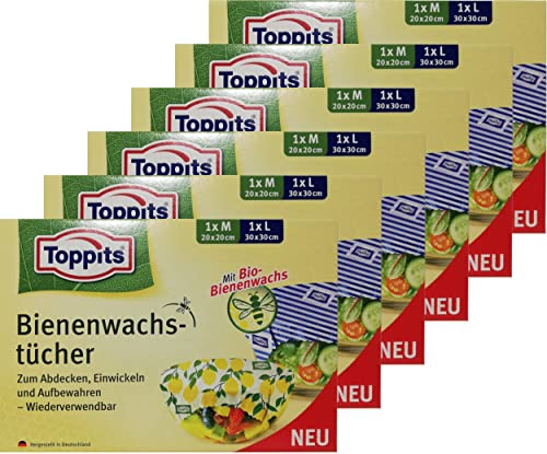 6x TOPPITS Bienenwachstücher - zum Frischhalten von Lebensmitteln M (20 x 20 cm) und L (30 x 30 cm), Bio von Toppits