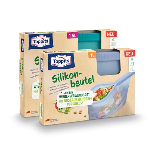 Toppits 2er Set wiederverwendbare Silikonbeutel 1l + 1,5l mit Standboden, mikrowellengeeignet, spülmaschinenfest von Toppits