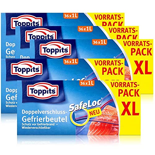 Toppits Doppel-Verschluss Gefrierbeutel 36x1 Liter (5er Pack) von Toppits
