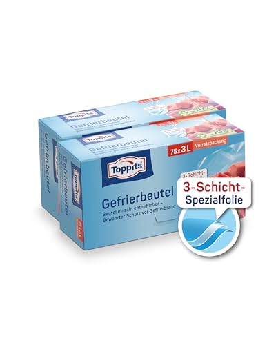 Toppits Gefrierbeutel mit Standboden - 2x 75 Stück - reißfest, wiederverwendbar, transparent - Füllvolumen 3 Liter von Toppits