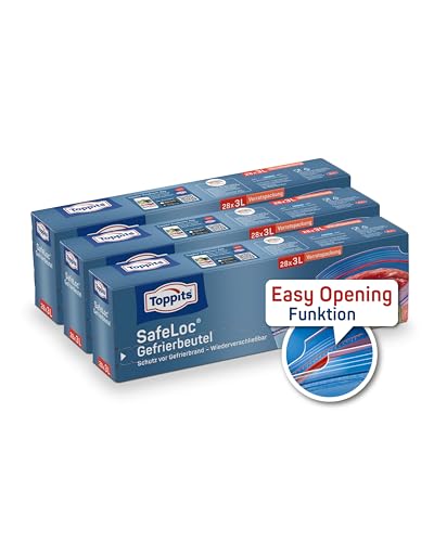 Toppits SafeLoc Gefrierbeutel - 3x 28 Stück - Reißfest, wiederverwendbar, transparent - Füllvolumen 3 Liter von Toppits