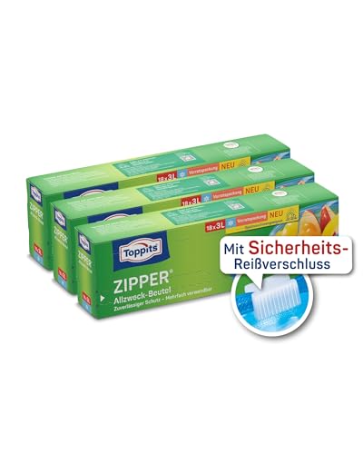 Toppits Zipper Allzweck-Beutel 3x 18 Stück - Spezialfolie reißfest, wiederverwendbar, transparent - Füllvolumen 3 Liter von Toppits
