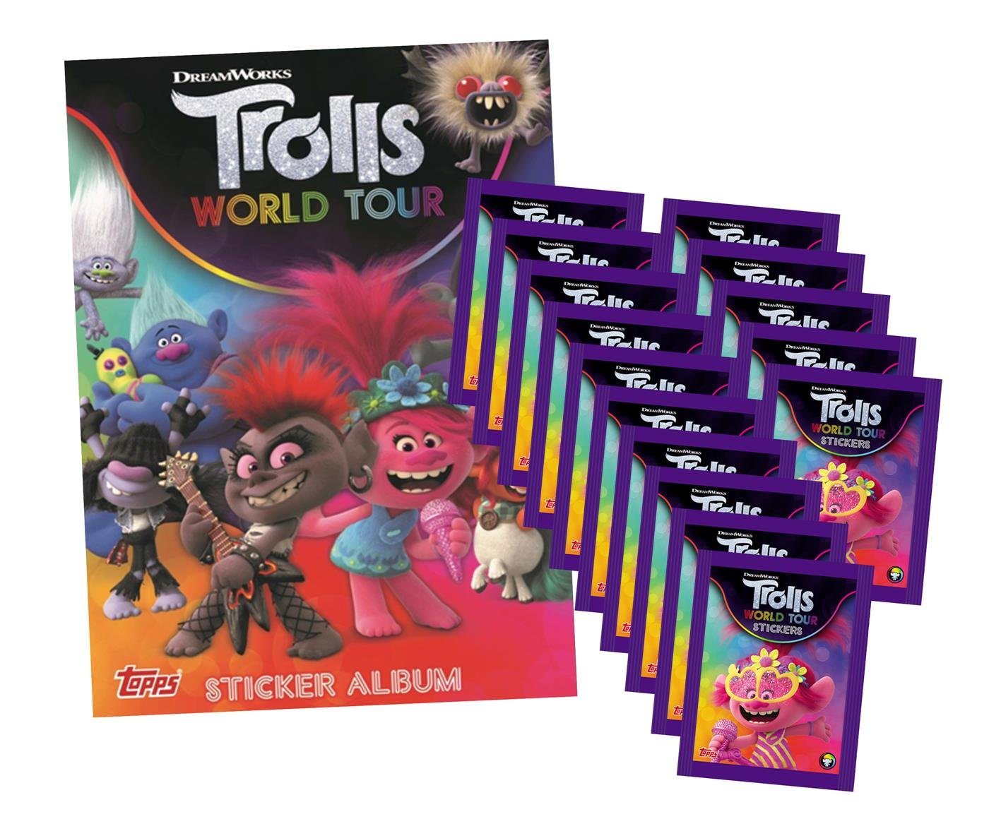 Topps Sticker Trolls World Tour (2020 - Sticker & Stickercards - 1 Album + 15 Tüten, (Set) von Topps