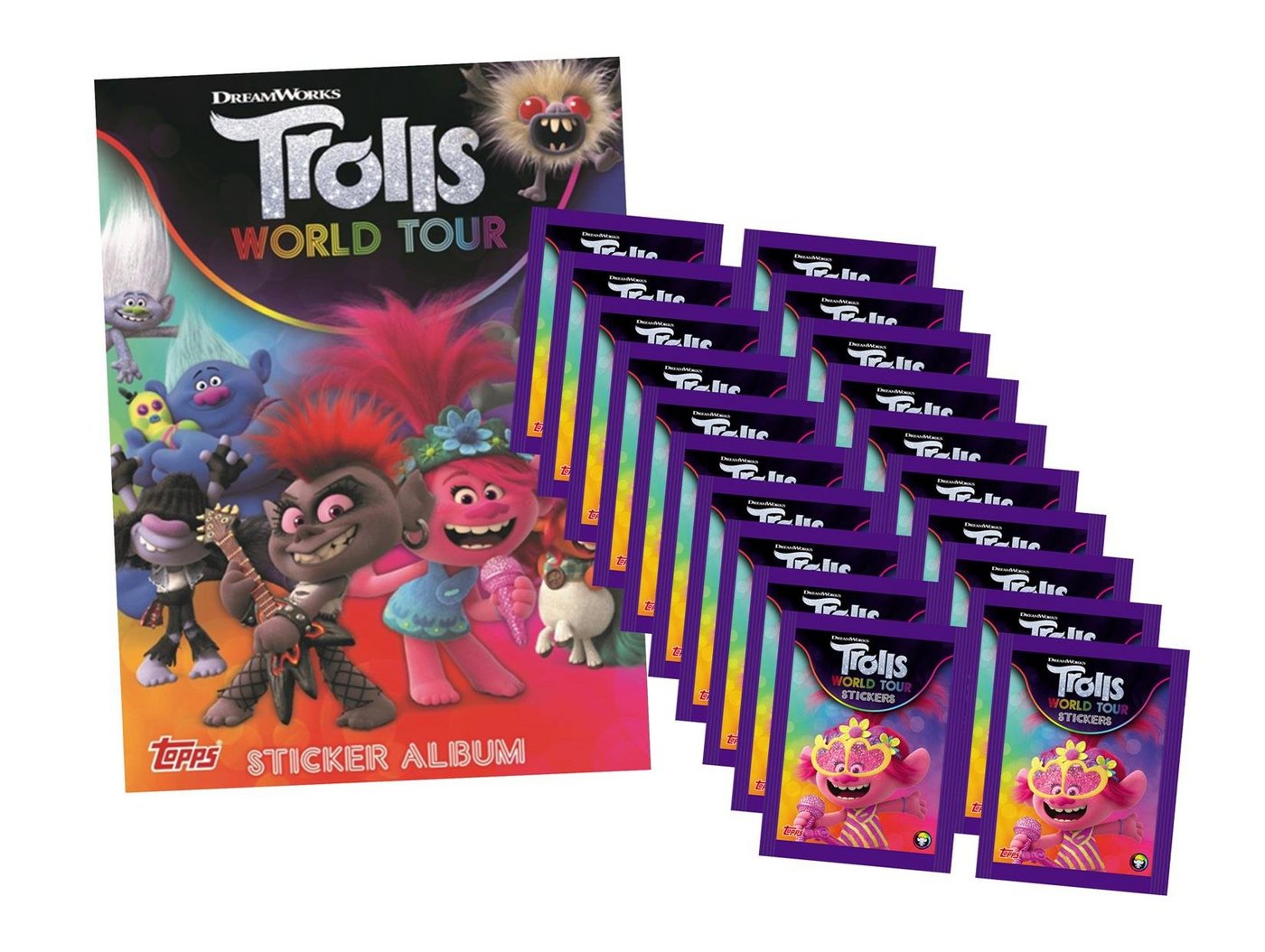 Topps Sticker Trolls World Tour (2020 - Sticker & Stickercards - 1 Album + 20 Tüten, (Set) von Topps