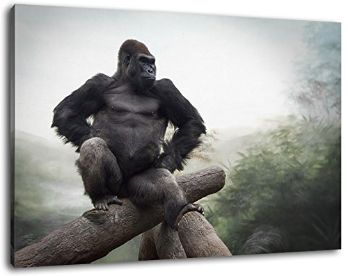 Gorilla trohnt im Dschungel Format:100x70 cm Bild auf Leinwand bespannt, riesige XXL Bilder komplett und fertig gerahmt mit Keilrahmen, Kunstdruck auf Wand Bild mit Rahmen, günstiger als Gemälde oder Bild, kein Poster oder Plakat von Stil.Zeit