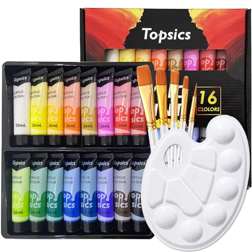 Topsics 36ML Acrylfarben Set, 16 Tuben 36ml Acryl Farben Bastelfarbe Set mit 5 Pinseln und 1Mischpalette, NON-TOXIC AcrylfarbenSet für Anfänger, Acrylic Paint für Papier, Stein, Holz Topsics 36ML Acrylfarben Set, 16 Tuben 36ml Acryl Farben Bastelfarbe Set mit 5 Pinseln und 1Mischpalette, NON-TOXIC AcrylfarbenSet für Anfänger, Acrylic Paint für Papier, Stein, Holz von Topsics