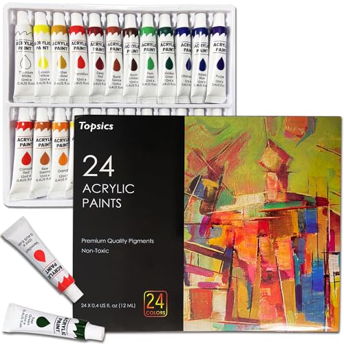 Topsics Acrylfarben Set 24 Farben, 24 Tuben 12ml NON-TOXIC AcrylfarbenSet für Anfänger, Künstler, Perfekt für Leinwand, Holz, Stoff von Topsics
