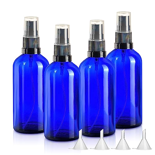 Topsky 4 X100ml Sprühflasche Glas Leer mit feinem Sprühnebel, leer, inkl. Trichter - Perfekt für ätherische Öle, Gesichtsspray und mehr(Blau) von Topsky