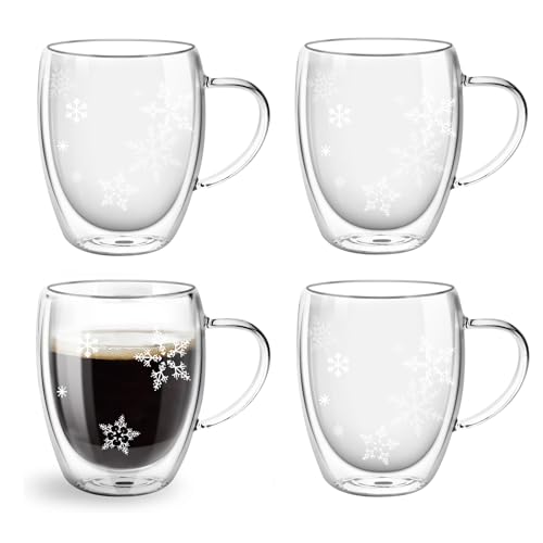 Topsky 4X 350ml Doppelwandige Schneeflocken-Kaffeegläser aus Borosilikatglas mit Griff - Perfekte Weihnachtsgeschenke für Familie und Freunde von Topsky