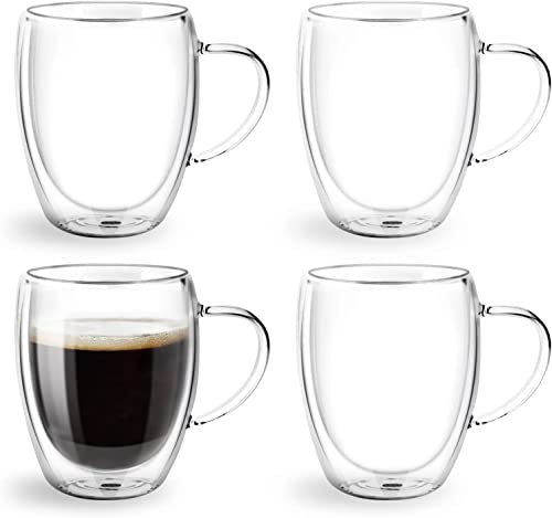 Topsky 4er Set Isolierte Latte Macchiato Tassen - 350ml Doppelwandige Borosilikatglasbecher für Kaffee, Tee, Eiskaffee, Bier und Saft, Innen- und Außenbereich geeignet von Topsky