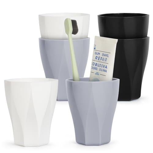 Topsky 6 Stück Zahnputzbecher (Schwarz+Weiß+Grau), Multifunktional, bruchsicher, wiederverwendbarer Zahnputzbecher aus Kunststoff, Badezimmer tragbare Kunststoffbecher(250ml) von Topsky