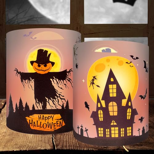 Toptime Windlicht Halloween Deko, 16 Stück Teelichthalter mit Vogelscheuche Burg Fledermaus für Tischdeko, Gruselig Windlichter für Teelichter oder Kerzen, Halloween Party Dekoration Innen Outdoor von Toptime