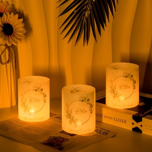 Toptime Windlicht Tischdeko, 8 Stück Happy Birthday Teelichthalter mit Eukalyptus Deko, Schön DASS Du da bist Windlichter für Teelichter und Kerzen, Geburtstagsdeko für Frauen Männer Mädchen Jungen von Toptime