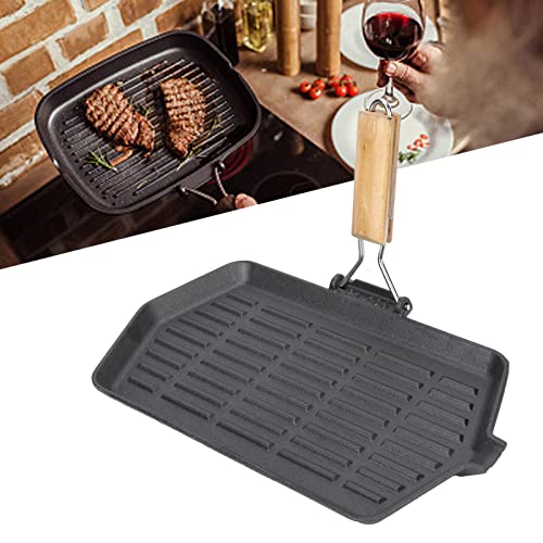 Topyond 21x35 Grillpfanne Gusseisenpfannen Grillpfanne Haushaltskochgeschirr Tragbar Comal Zusammenklappbare Gusseisen-Steak-Bratpfanne Mit Holzgriff, Antihaftbeschichtet Und Gleichmäßig Erhitzend von Topyond