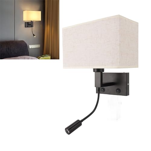 Topyond Wall Lights for Bedroom Hardwired, Bedside Wall Lamp with LED Reading Light, Black Iron Electroplating & Linen Lampshade Sconce for Living Room Dorm Hotel Corridor von Topyond