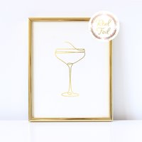 Cocktail Bar Schild Manhattan Glas Gold Foliendruck, Line Art Wandkunst, Wohnkultur Barwagen Print Hochzeitsdeko Party Barla von ToriKraut