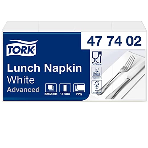 Tork 477402 weiße Lunchservietten 1/8 gefaltet / 2-lagige, vorgefaltete Papierservietten für Snacks oder kleine Gerichte / Advanced Qualität / 10 x 200 (2000) Servietten / 32,6 x 33 cm (B x L) von Tork