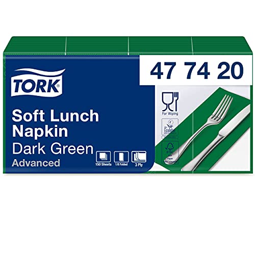 Tork 4774420 Soft Lunchservietten Dunkelgrün 1/8 Falz / 3-lagige, vorgefaltete Servietten für kleine Gerichte & Snacks / Advanced Qualität / 10 x 150 (1500) Papierservietten / 32,6 x 33 cm (B x L) von Tork