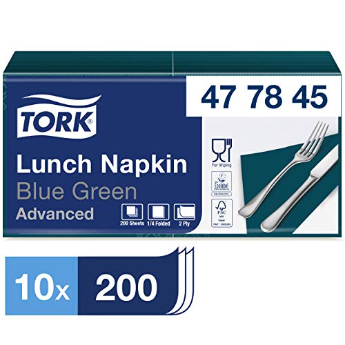 Tork 477845 Lunchservietten Blaugrün / 2-lagige Servietten für kleine Gerichte oder Snacks / Advanced Qualität / 10 x 200 (2000) Papierservietten / 32,6 x 33 cm (B x L) / 1/4-Falz von Tork