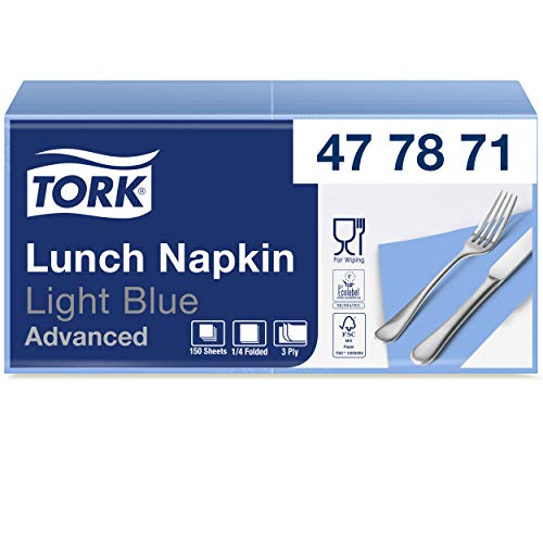 Tork 477871 Soft Lunchservietten Hellblau / 3lagige, saugfähige Papierservietten in Blau / Vielfältig verwendbar / Advanced Qualität / 10 x 150 (1500) Servietten / 32,6 x 33 cm (B x L) / 1/4 Falz von Tork