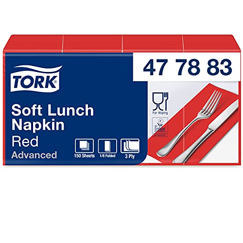 Tork 477883 Soft Lunchservietten Rot 1/8-Falz / 3-lagige, vorgefaltete Servietten für kleine Gerichte oder Snacks / Advanced Qualität / 10 x 150 (1500) Papierservietten / 32,6 x 33 cm (B x L) von Tork