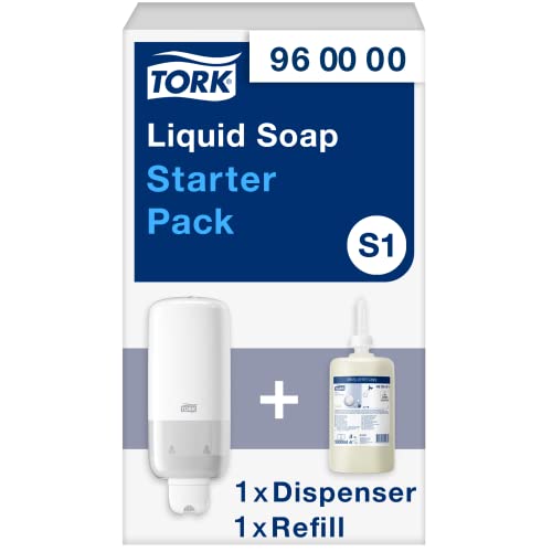 Tork Starter Pack mit Flüssig- und Sprayseifen Seifenspender Wandmontage Weiß S1/S11, sparsam, Seifenspender Wandmontage und 1 נNachfüllpackung mit 1.000 ml milder Flüssigseife, 960000 von Tork