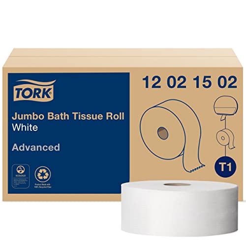 Tork Advanced 12021502 Jumbo-Badetücherrolle, 2-lagig, 25,4 cm Durchmesser, 9 cm Breite x 5,6 m Länge, Weiß (Packung mit 6 Rollen, 1.600 m pro Rolle, 2,5 m) von Tork