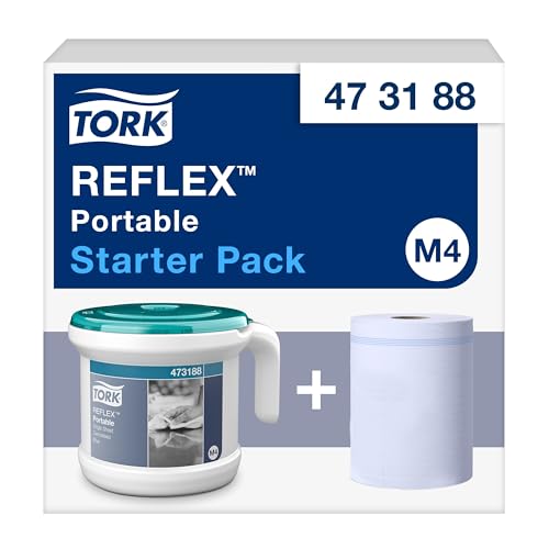 Tork Tragbarer Reflex™ Einzelblatt Innenabrollungsspender Weiß und Türkis M4, Starter Pack, 1 Packung, 473188 von Tork