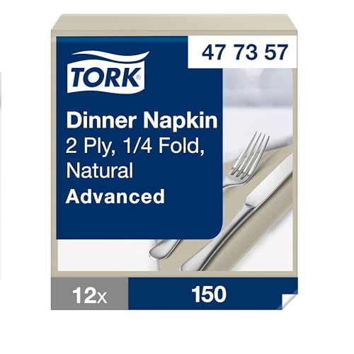 Tork Dinnerservietten Natur, 1/4-Falz, 2-lagig, 19,75 × 19,5 cm, 12 × 150 Servietten, 477357 von Tork