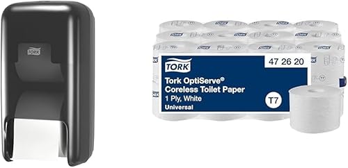 Tork Doppelrollenspender & Toilettenpapier Bundle: Doppelrollenspender für Hülsenloses Toilettenpapier, Schwarz + Tork OptiServe Hülsenloses Toilettenpapier, Universal, 1‑lagig, 24 × 1.250 Blatt Tork Doppelrollenspender & Toilettenpapier Bundle: Doppelrollenspender für Hülsenloses Toilettenpapier, Schwarz + Tork OptiServe Hülsenloses Toilettenpapier, Universal, 1‑lagig, 24 × 1.250 Blatt von Tork