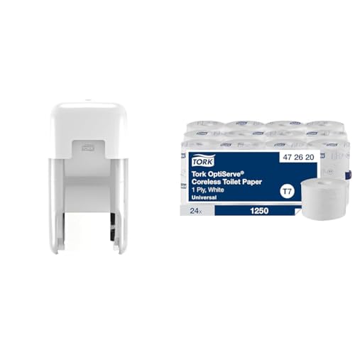 Tork Doppelrollenspender & Toilettenpapier Bundle: Doppelrollenspender für Hülsenloses Toilettenpapier, Weiß + Tork Hülsenloses Toilettenpapier, Universal, 1‑lagig, 24 × 1.250 Blatt Tork Doppelrollenspender & Toilettenpapier Bundle: Doppelrollenspender für Hülsenloses Toilettenpapier, Weiß + Tork Hülsenloses Toilettenpapier, Universal, 1‑lagig, 24 × 1.250 Blatt von Tork