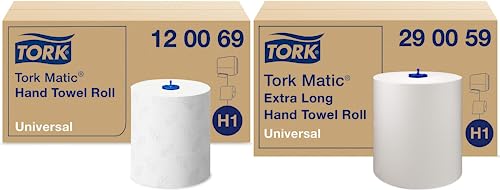 Tork Matic Spender für Rollenhandtücher Weiß H1-6 × 150 m-Rollen, 120069 + Tork Matic extra langes Rollenhandtuch 290059 - H1 - niversal Papierhandtücher - weiß - 6 Rollen x 280 m von Tork