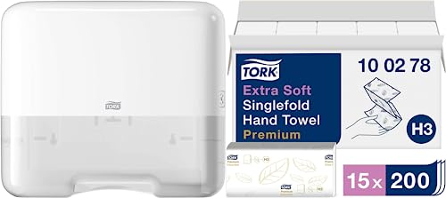 Tork Mini-Handtuchspender zur Wandmontage + Nachfüllpackung - H3 - Premium-Handtücher (15x200 Blatt) von Tork