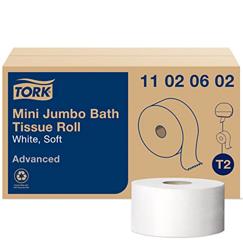 Tork Mini-Jumbo-Badetücherrolle, Toilettenpapierhandtücher mit fortschrittlicher weicher Qualität, kompatibel mit T2 Tork Spender, 12 Rollen x 1075, 2-lagige Blätter, Farbe: Weiß, 11020602 von Tork