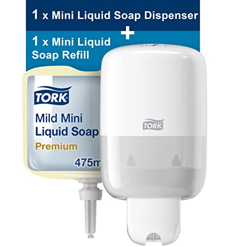 Tork Mini Seifenspender für Flüssigseife S2 / Weißer Seifenspender + Milde Mini Flüssigseife Premium für Tork S2 Mini Seifenspender Systeme / Gelb, 1 x 475 ml von Tork