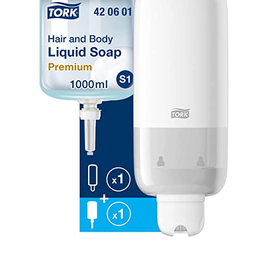 Tork Seifenspender - Sparsam, auslaufsicher S1/S11, Weiß + Hair & Body Flüssigseife Nachfüllpackung, 1 x 1000 ml von Tork