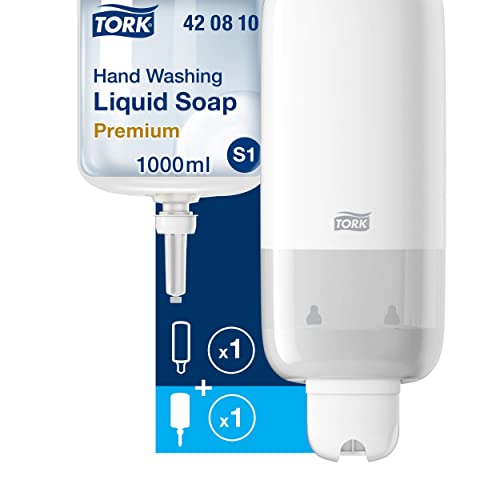 Tork Seifenspender für Flüssigseife - Sparsames, auslaufsicheres S1/S11-Spendersystem, Weiß + Flüssigseifen-Nachfüllpackung, 1 x 1000 ml von Tork