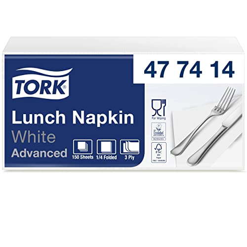 Tork Serviette Lunch doux blanc, pliage 1/4, 3 plis, 33 cm x 33 cm, 10 x 150 serviettes, 477414 von Tork