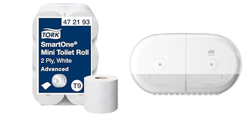 Tork SmartOne® Mini Doppelrollenspender für Toilettenpapier Weiß T9, Hohe Kapazität, Elevation Linie, 682000 & SmartOne Mini Toilettenpapier Weiß T9, Advanced, 2-lagig, 12 × 620 Blatt, 472193 von Tork