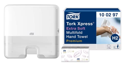 Tork Xpress Mini Spender für Multifold-Handtücher Weiß H2 552100 + Tork Xpress extra weiche Multifold Papierhandtücher 100297 - extra weich und saugfähig, 2-lagig, weiß - 21 x 100 Tücher von Tork