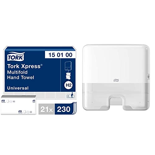 Tork Xpress Multifold Papierhandtücher 150100 - H2 Universal Falthandtücher - mehrfach gefaltet, 1-lagig, weiß - 21 x 230 Tücher & Xpress Mini Spender für Multifold Papierhandtücher 552100, weiß von Tork