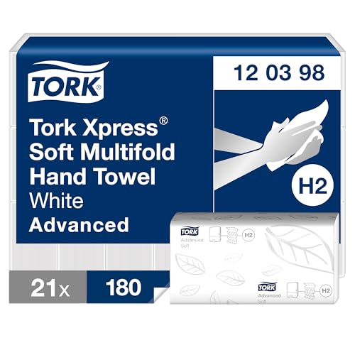 Tork Xpress weiche Multifold-Handtücher Weiß H2, Advanced-Qualität, 2-lagig, Zickzackfalz, saugfähig, 21 × 180 Tücher, 120398 von Tork