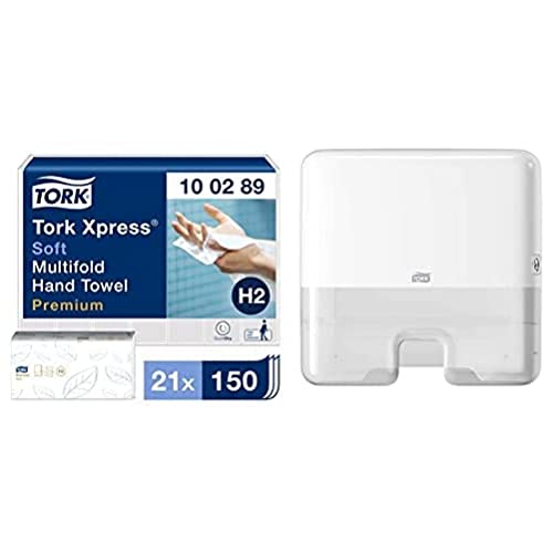 Tork Xpress weiche Multifold Papierhandtücher 100289 - H2 Premium Falthandtücher, 2-lagig, weiß & Xpress Mini Spender für Multifold Papierhandtücher 552100, Kompakter H2 Handtuchspender, weiß von Tork