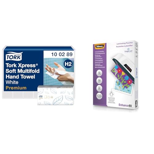 Tork Xpress weiche Multifold Papierhandtücher 100289 & Fellowes Laminierfolien A4 ImageLast, 80 Mikron, 100 Stück, transparent mit Ausrichtungshilfe von Tork