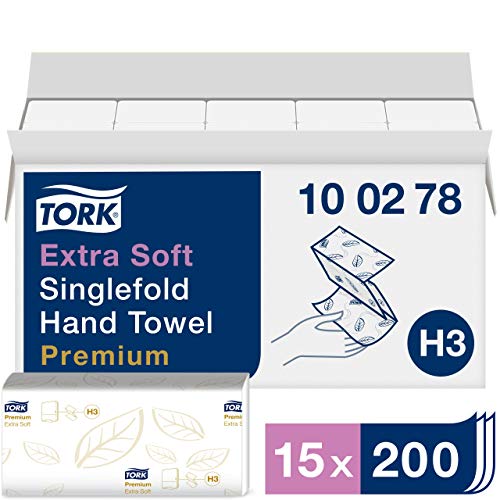 Tork extra weiche Zickzack Papierhandtücher Premium 100278 - H3 Falthandtücher für Zickzack Papierhandtuchspender - besonders saugfähig, 2-lagig, weiß - 15 x 200 Tücher von Tork