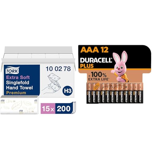 Tork extra weiche Zickzack Papierhandtücher Premium 100278 - H3 Falthandtücher für Zickzack Papierhandtuchspender - besonders saugfähig & Duracell Plus Batterien AAA von Tork