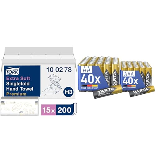 Tork extra weiche Zickzack Papierhandtücher Premium 100278 - H3 Falthandtücher für Zickzack Papierhandtuchspender - besonders saugfähig & VARTA Batterien Mischpack 80 Stück von Tork