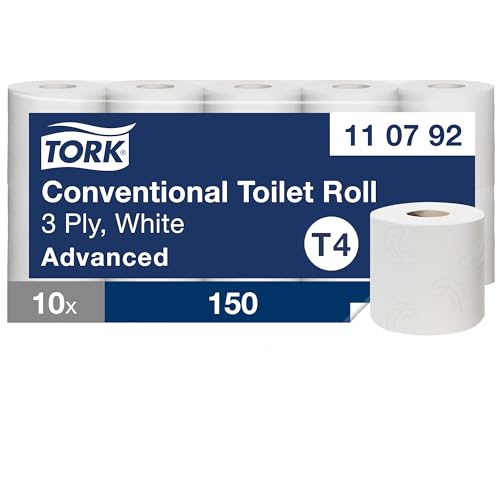 Tork weiches Kleinrollen Toilettenpapier Weiß T4, Advanced, 3-lagig, 10 × 150 Blätter, 110792 von Tork