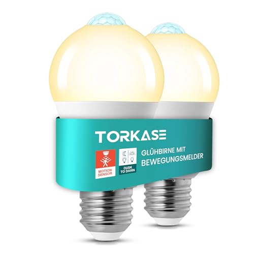 Torkase Glühbirne mit Bewegungsmelder, 13W E27 Led Glühbirne Ersetzt 100W, 3000K Warmweiß 1100LM Led Lampe mit Bewegungsmelder für Treppen Toiletten Garten Balkon Garage, 2er Set von Torkase